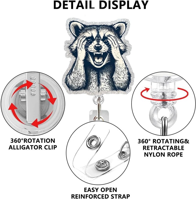 NSSHEL Cute Raccoon Retractable Reel Badge ID Card Clip Acrylic Badge Holder with 360°Rotation Rotundity Metal Alligator Clip Designs Nursing Name Tag for Nurse Doctor Office Worker Accessories - Image 3
